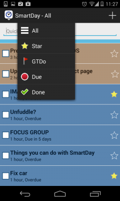 Drop-down menu for filtering and prioritizing tasks.